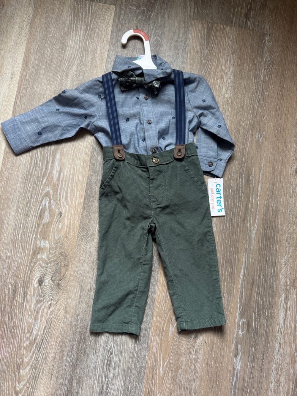 Carter's Chambray Shirt with Olive Green Pants and Navy Suspenders